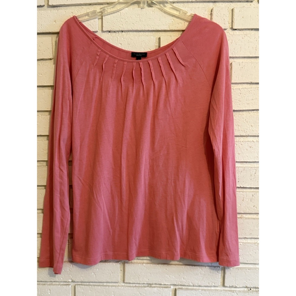 Talbots‎ Women's Size Lg Pink Cotton Blend Scoop Neck Pleated Yoke Pullover Tee